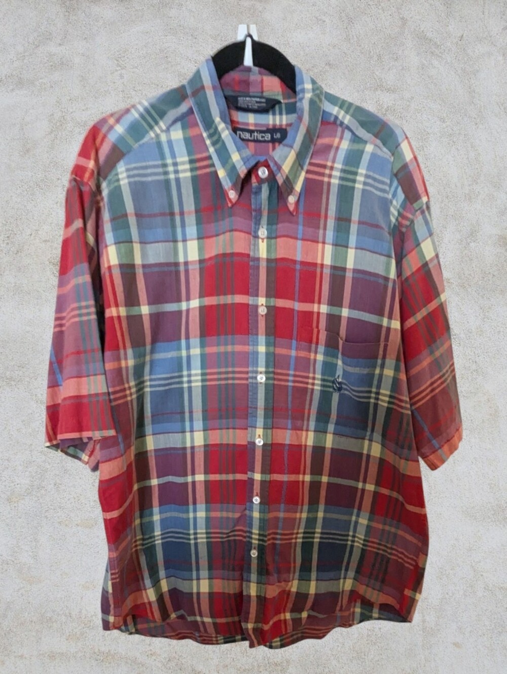 Madras Plaid Button Down Vibrant Short Sleeved Nautica Good Condition  L